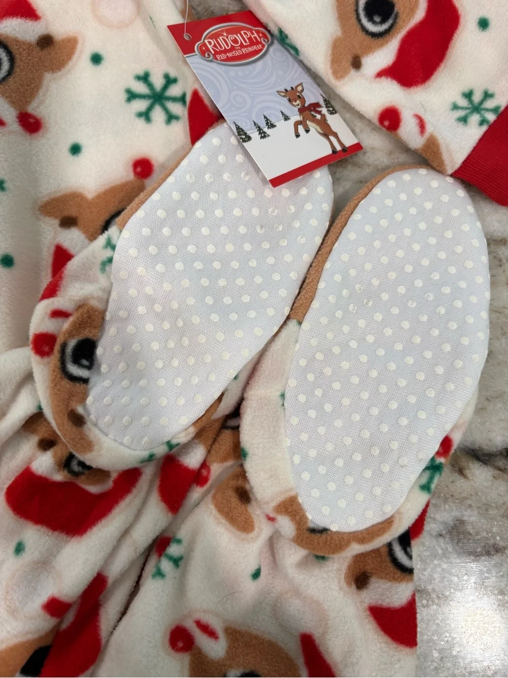 Kids Plush Footed One-Piece Pajamas - Red & Cream Reindeer Print
